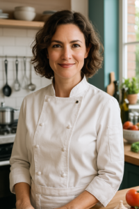"Food blogger behind Yummirecipe smiling in a cozy kitchen setting"