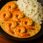 Creamy garlic butter shrimp served with fluffy white rice in a black bowl, topped with parsley and rich buttery sauce.