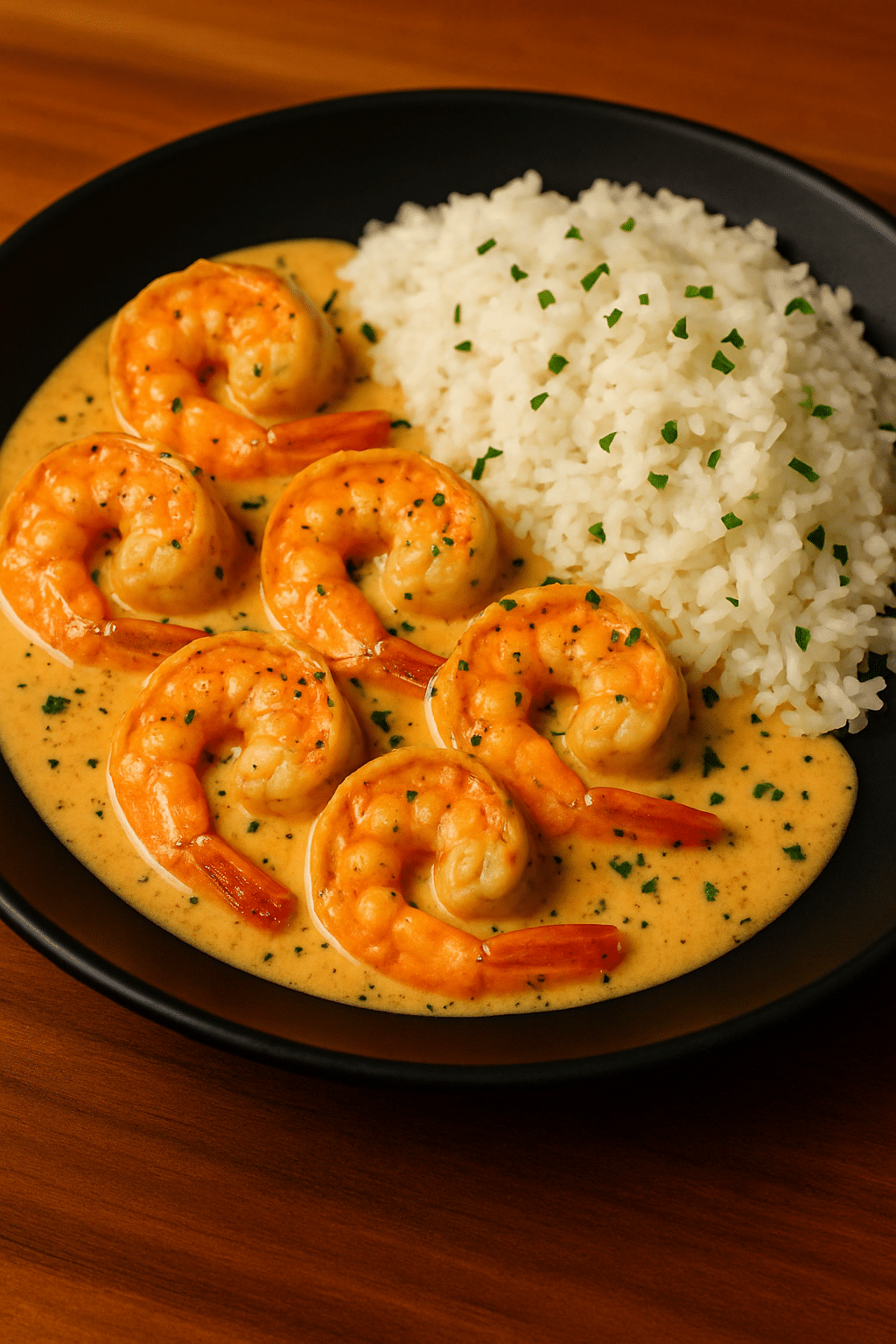 Creamy garlic butter shrimp served with fluffy white rice in a black bowl, topped with parsley and rich buttery sauce.
