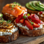 5-Minute Cottage Cheese Breakfast Toast with six sweet and savory topping ideas including strawberries, smoked salmon, avocado, and cottage cheese on artisan toasted bread.