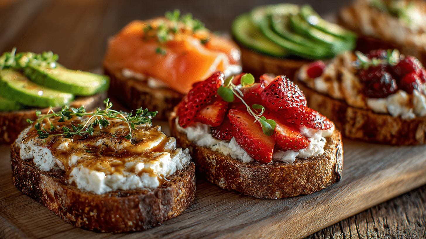 5-Minute Cottage Cheese Breakfast Toast (6 Sweet & Savory Ideas) 1 5-Minute Cottage Cheese Breakfast Toast with six sweet and savory topping ideas including strawberries, smoked salmon, avocado, and cottage cheese on artisan toasted bread.