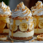 Banana Pudding Cheesecake Parfait layered with creamy cheesecake filling, fresh banana slices, vanilla wafer crumbs, whipped cream, and no-bake dessert toppings.
