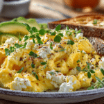 High protein scrambled eggs with cottage cheese served with avocado slices and toasted artisan bread for an easy healthy 10-minute breakfast.