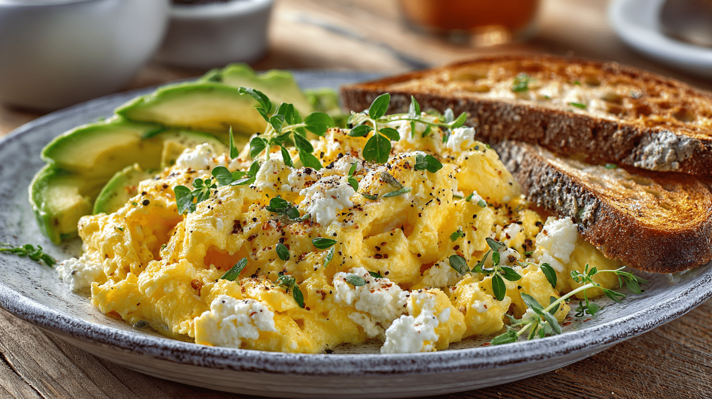 High Protein Scrambled Eggs with Cottage Cheese (Easy, 10-Min Breakfast) 1 High protein scrambled eggs with cottage cheese served with avocado slices and toasted artisan bread for an easy healthy 10-minute breakfast.