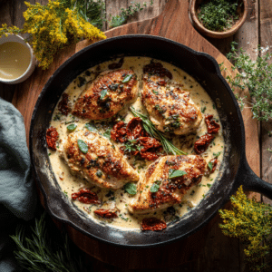 Marry Me Chicken with creamy parmesan sauce, golden seared chicken, and sun-dried tomatoes in a one-pan skillet