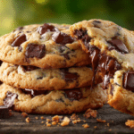 Million Dollar Chocolate Chip Cookies stacked on a rustic table with gooey melted chocolate chunks and soft bakery-style centers.