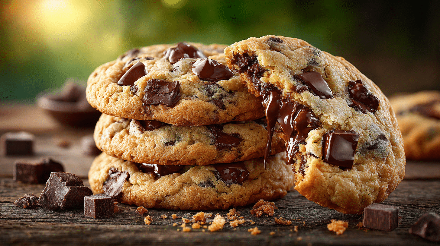 Million Dollar Chocolate Chip Cookies 1 Million Dollar Chocolate Chip Cookies stacked on a rustic table with gooey melted chocolate chunks and soft bakery-style centers.