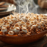 Freshly baked Sweet Potato Casserole with crunchy pecan topping and toasted marshmallows in a rustic baking dish