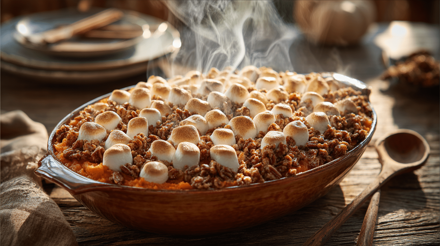 Sweet Potato Casserole (With Crunchy Pecan Topping) 1 Freshly baked Sweet Potato Casserole with crunchy pecan topping and toasted marshmallows in a rustic baking dish