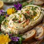 The Ultimate Butter Board Recipe featuring creamy whipped butter with fresh herbs, flaky sea salt, edible flowers, and artisan toasted bread on a rustic wooden board.