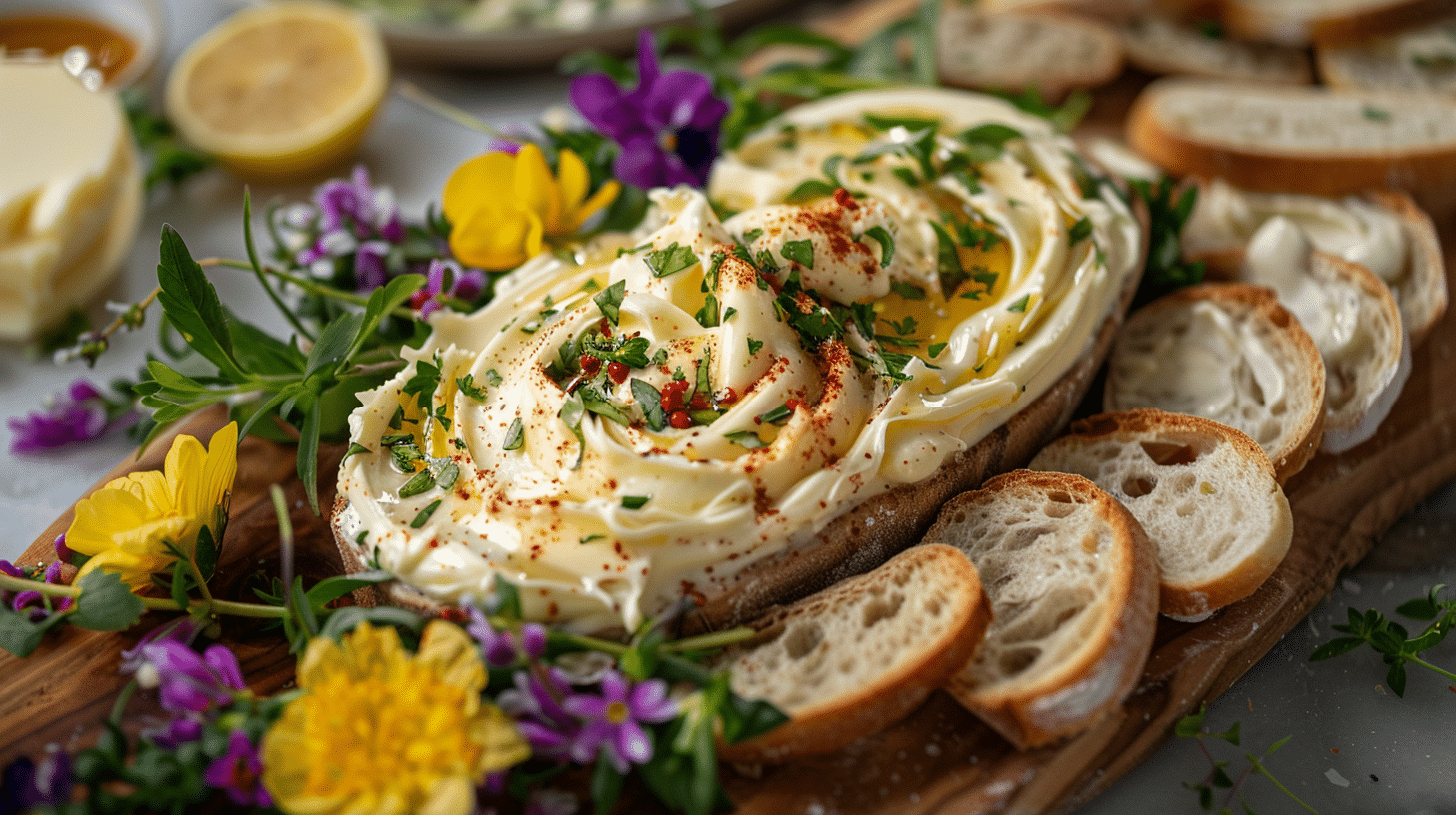 The Ultimate Butter Board Recipe (TikTok’s Viral Appetizer Trend) 1 The Ultimate Butter Board Recipe featuring creamy whipped butter with fresh herbs, flaky sea salt, edible flowers, and artisan toasted bread on a rustic wooden board.