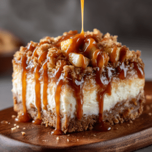 Caramel Apple Cheesecake Bars (Easy Fall Dessert Recipe 2 Close-up of a Caramel Apple Cheesecake Bar with a buttery graham crust, creamy cheesecake filling, cinnamon apple topping, crunchy crumble, and rich caramel sauce dripping over the dessert on a wooden board.