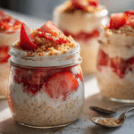 Strawberry cheesecake overnight oats layered in glass jars with fresh strawberries, creamy cheesecake filling, oats, and graham cracker crumbs for a healthy high-protein breakfast recipe.