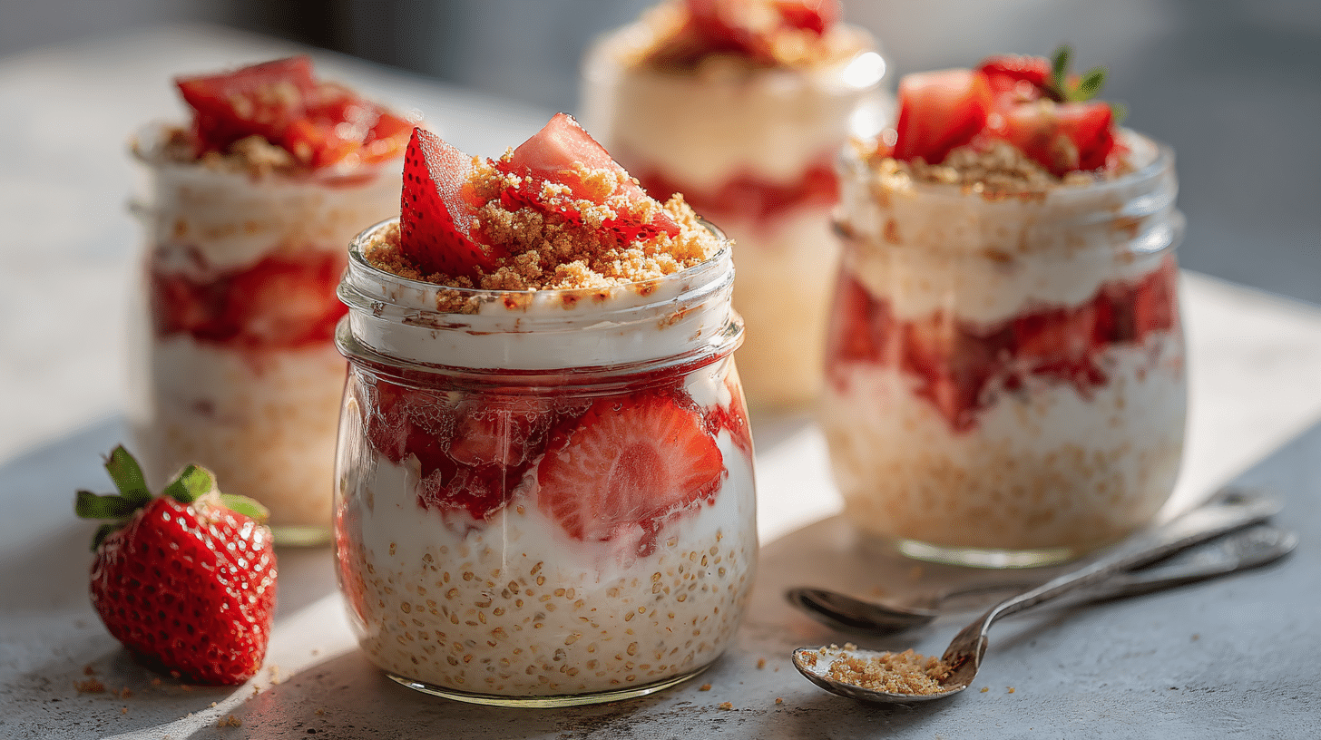 Strawberry cheesecake overnight oats layered in glass jars with fresh strawberries, creamy cheesecake filling, oats, and graham cracker crumbs for a healthy high-protein breakfast recipe.