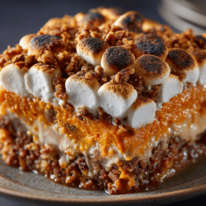 Sweet Potato Casserole (With Crunchy Pecan Topping) 2 Close-up of Sweet Potato Casserole with crunchy pecan topping, toasted marshmallows, and creamy sweet potato layers
