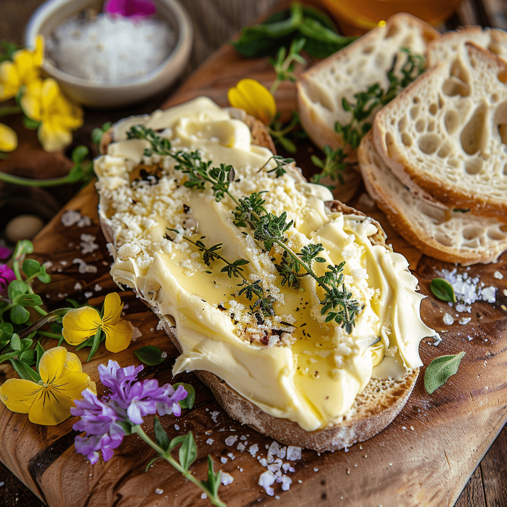 The Ultimate Butter Board Recipe (TikTok’s Viral Appetizer Trend) 4 Close-up of a viral Butter Board with creamy butter swirls, herbs, edible flowers, sea salt, and sliced artisan bread.