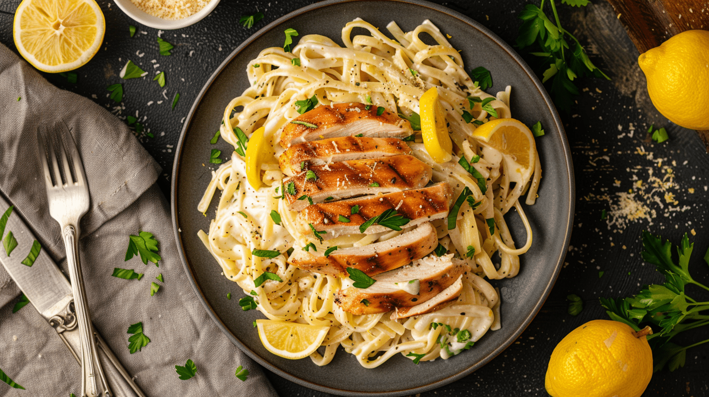 Creamy Lemon Chicken Pasta Easy 30-Minute Recipe 1 Creamy Lemon Chicken Pasta topped with juicy sliced grilled chicken, rich parmesan cream sauce, fresh parsley, and lemon wedges served on a dark plate.