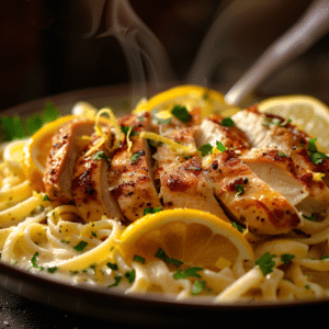 Creamy Lemon Chicken Pasta Easy 30-Minute Recipe 2 Creamy Lemon Chicken Pasta topped with juicy sliced grilled chicken, rich parmesan cream sauce, fresh parsley, and lemon wedges served on a dark plate.