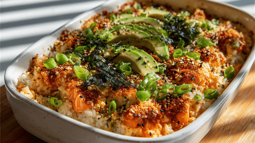 Easy sushi bake recipe in a baking dish topped with avocado slices, green onions, sesame seeds, and nori over seasoned sushi rice.