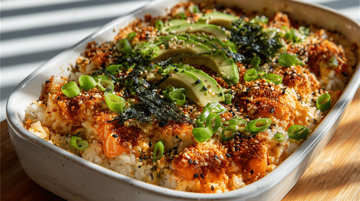 Easy sushi bake recipe in a baking dish topped with avocado slices, green onions, sesame seeds, and nori over seasoned sushi rice.