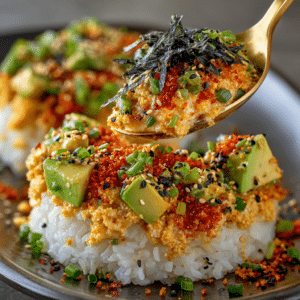 Easy sushi bake recipe topped with avocado, green onions, sesame seeds, spicy seasoning, and crispy nori.