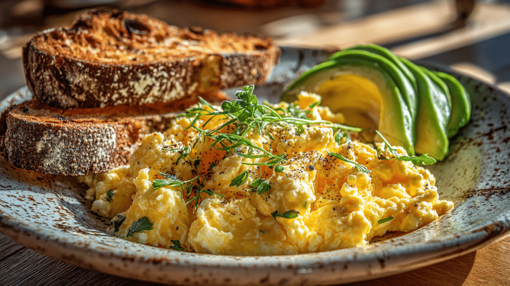 High Protein Scrambled Eggs with Cottage Cheese (Easy, 10-Min Breakfast) 4 Creamy high protein scrambled eggs with cottage cheese served with avocado slices and toasted artisan bread for a healthy breakfast.