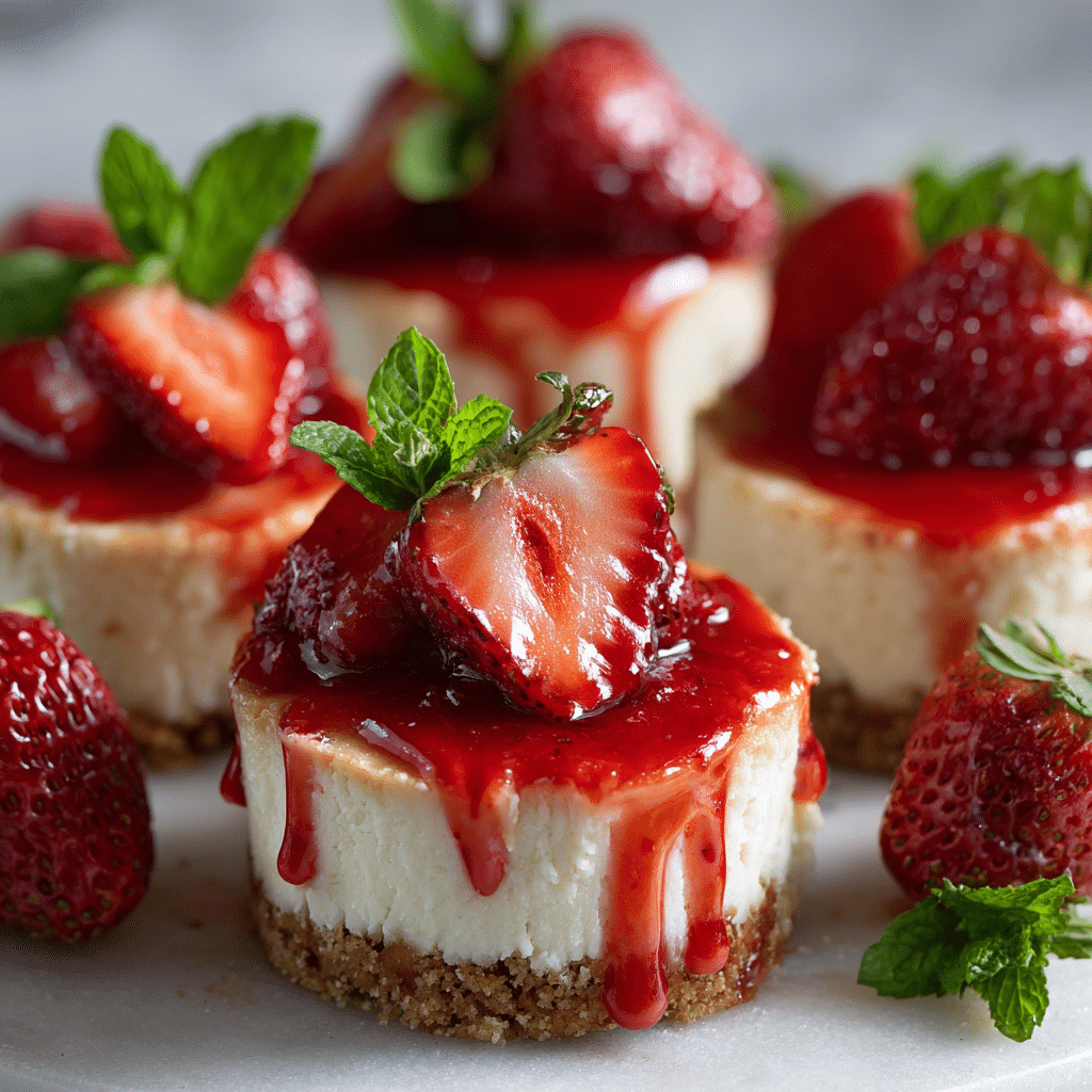 Mini Keto Cheesecake Bites drizzled with strawberry glaze and garnished with strawberries.