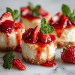 Close-up of Keto Cheesecake Bites with Strawberry Glaze topped with fresh strawberries and mint.
