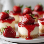 Plate of Keto Cheesecake Bites with homemade strawberry glaze and fresh berries.