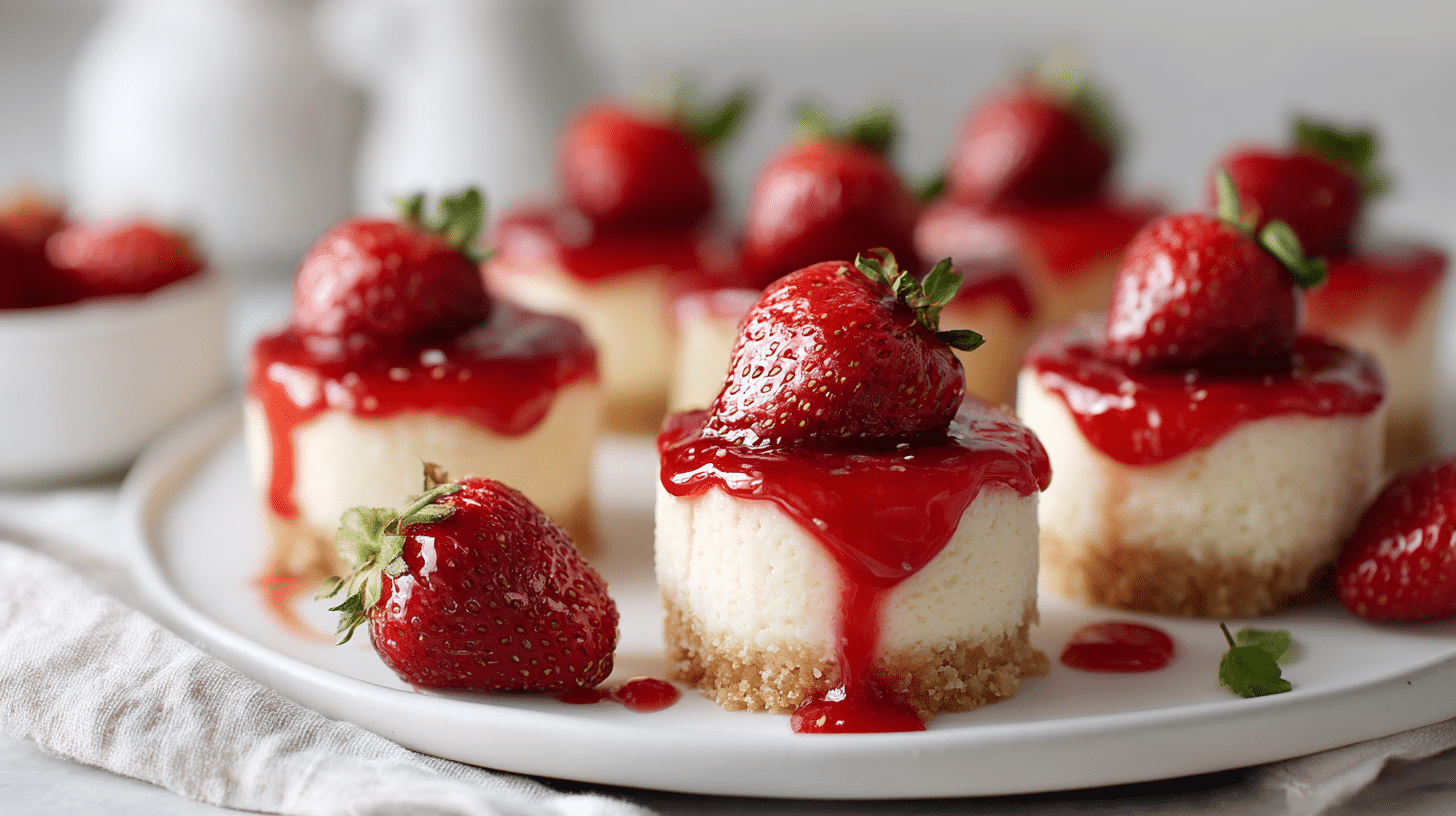 Plate of Keto Cheesecake Bites with homemade strawberry glaze and fresh berries.