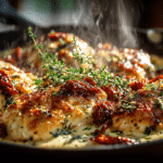 Creamy Marry Me Chicken skillet with garlic parmesan sauce, herbs, and sun-dried tomatoes