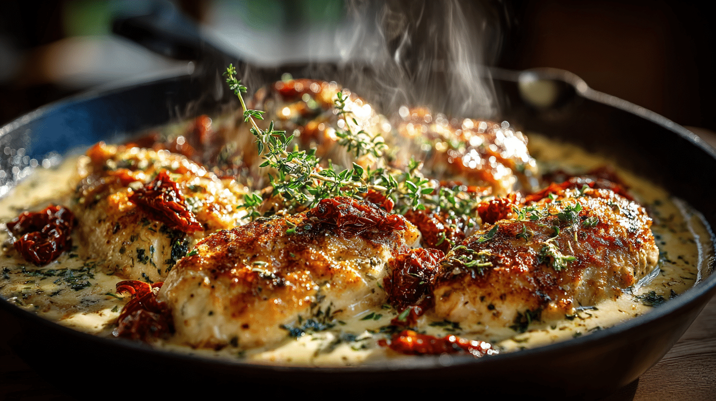 Creamy Marry Me Chicken skillet with garlic parmesan sauce, herbs, and sun-dried tomatoes