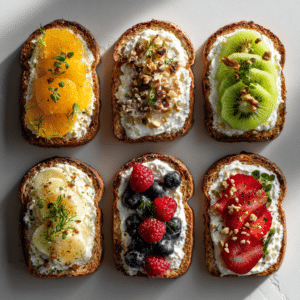 5-Minute Cottage Cheese Breakfast Toast (6 Sweet & Savory Ideas) 2 Overhead flat lay of 5-Minute Cottage Cheese Breakfast Toast featuring six sweet and savory variations with berries, kiwi, banana, orange, and cottage cheese toppings.