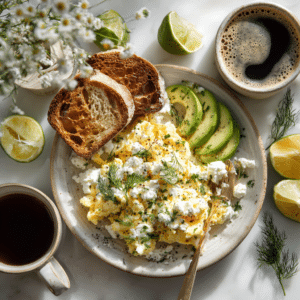 High Protein Scrambled Eggs with Cottage Cheese (Easy, 10-Min Breakfast) 2 Overhead flat lay of high protein scrambled eggs with cottage cheese, avocado, artisan toast and coffee for a healthy breakfast recipe.