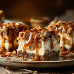 Close-up of a Caramel Apple Cheesecake Bar with a buttery graham crust, creamy cheesecake filling, cinnamon apple topping, crunchy crumble, and rich caramel sauce dripping over the dessert on a wooden board.