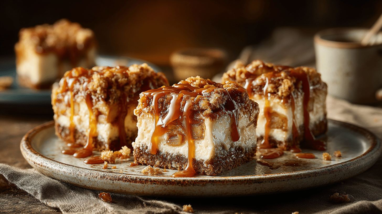Caramel Apple Cheesecake Bars (Easy Fall Dessert Recipe 1 Close-up of a Caramel Apple Cheesecake Bar with a buttery graham crust, creamy cheesecake filling, cinnamon apple topping, crunchy crumble, and rich caramel sauce dripping over the dessert on a wooden board.