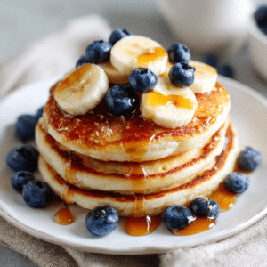 Cottage Cheese Banana Pancakes 2 Stack of fluffy cottage cheese banana pancakes on a white plate topped with sliced bananas, blueberries, and maple syrup drizzle in a bright breakfast setting.