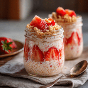 Strawberry cheesecake overnight oats layered in glass jars with fresh strawberries, creamy cheesecake filling, oats, and graham cracker crumbs for a healthy high-protein breakfast recipe.
