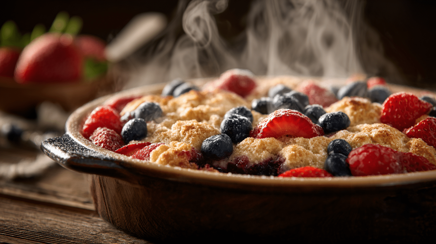 Easy Berry Cobbler With Sugar Cookie Topping 1 Easy Berry Cobbler With Sugar Cookie Topping fresh from the oven with strawberries, blueberries, and golden sugar cookie topping, served warm with vanilla ice cream.