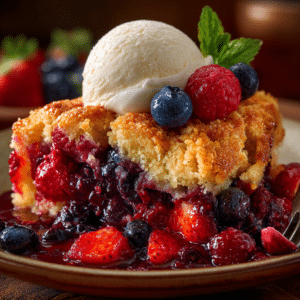 Easy Berry Cobbler With Sugar Cookie Topping 3 Easy Berry Cobbler With Sugar Cookie Topping fresh from the oven with strawberries, blueberries, and golden sugar cookie topping, served warm with vanilla ice cream.