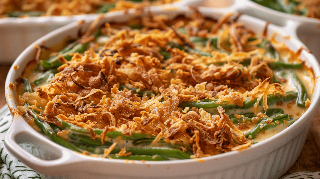 Creamy green bean casserole in a white baking dish topped with crispy fried onions and baked until golden brown.