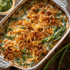 Creamy green bean casserole baked in a white ceramic dish topped with crispy golden fried onions and fresh green beans.