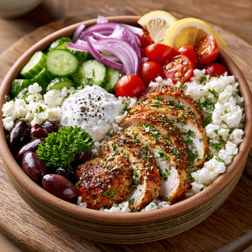 Greek chicken bowl with grilled herb-seasoned chicken, rice, cucumber, cherry tomatoes, red onion, feta cheese, kalamata olives, and creamy tzatziki sauce.