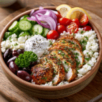 Greek chicken bowl with grilled herb-seasoned chicken, rice, cucumber, cherry tomatoes, red onion, feta cheese, kalamata olives, and creamy tzatziki sauce.
