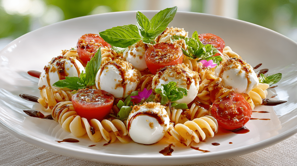 Caprese pasta salad served in a white bowl with rotini pasta, fresh mozzarella balls, cherry tomatoes, basil leaves, and balsamic glaze.