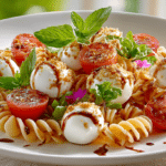 Caprese pasta salad served in a white bowl with rotini pasta, fresh mozzarella balls, cherry tomatoes, basil leaves, and balsamic glaze.