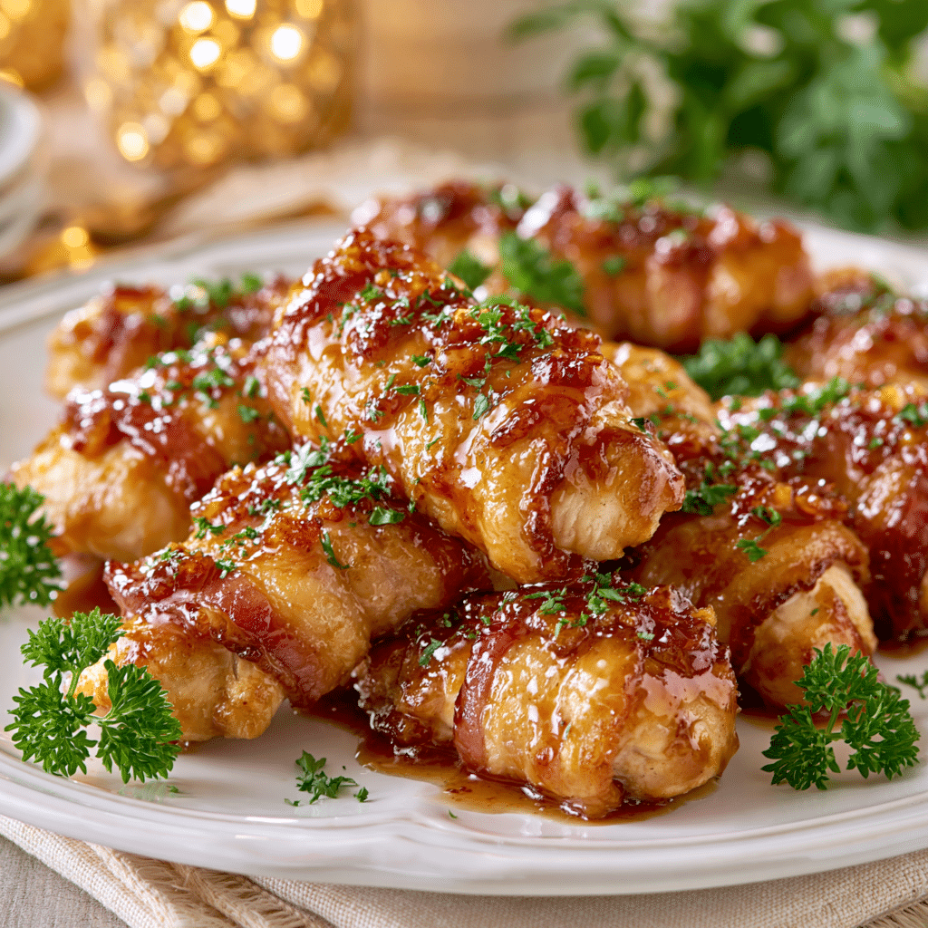 Bacon Brown Sugar Chicken Tenders glazed with a caramelized brown sugar sauce, wrapped in crispy bacon and garnished with fresh parsley on a white serving plate.
