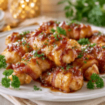 Bacon Brown Sugar Chicken Tenders glazed with a caramelized brown sugar sauce, wrapped in crispy bacon and garnished with fresh parsley on a white serving plate.