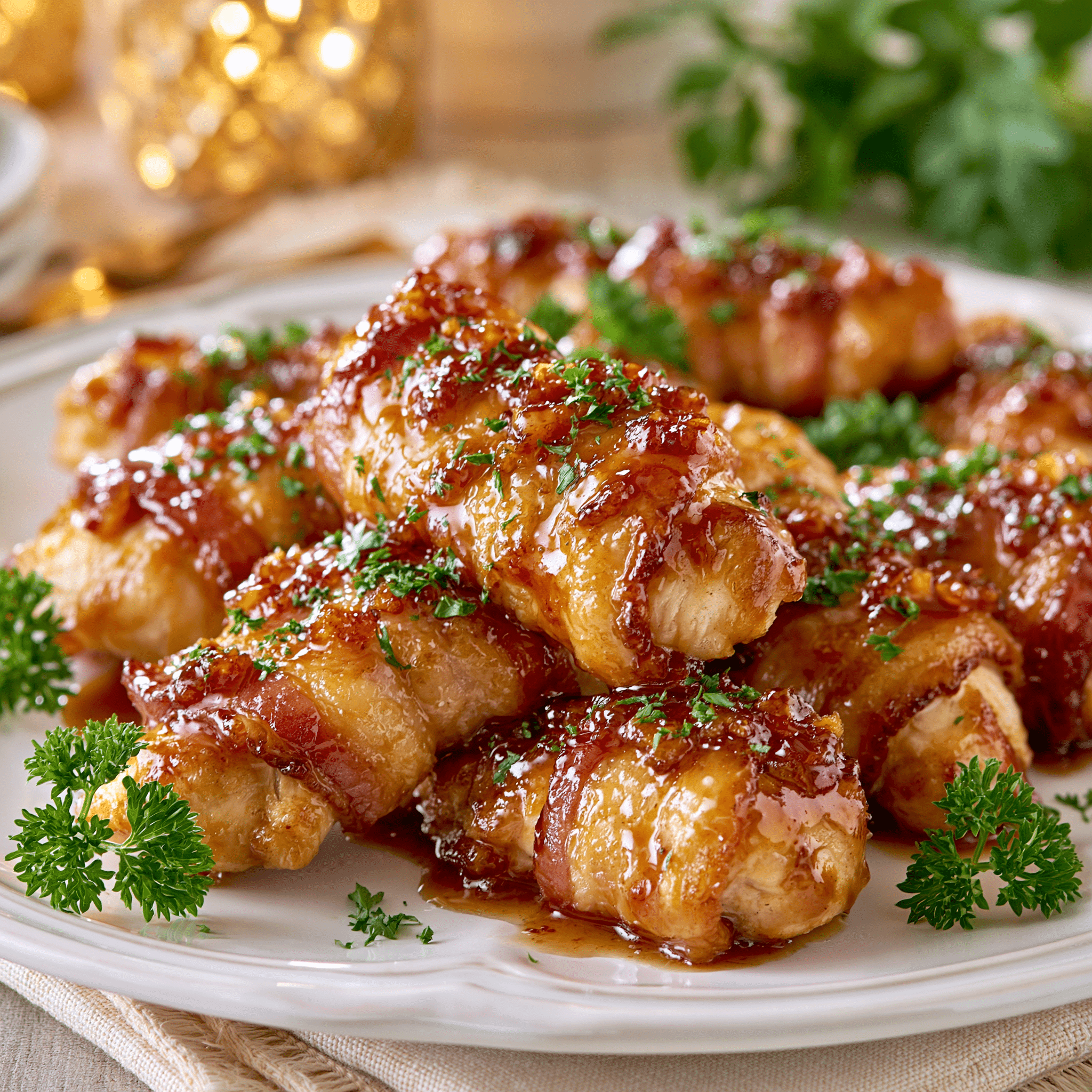 Bacon Brown Sugar Chicken Tenders: The Ultimate 5-Ingredient Sweet and Savory Recipe 1 Bacon Brown Sugar Chicken Tenders glazed with a caramelized brown sugar sauce, wrapped in crispy bacon and garnished with fresh parsley on a white serving plate.