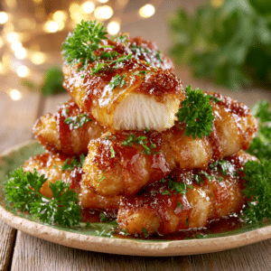 Bacon Brown Sugar Chicken Tenders: The Ultimate 5-Ingredient Sweet and Savory Recipe 2 Stacked Bacon Brown Sugar Chicken Tenders wrapped in crispy bacon and coated with a caramelized brown sugar glaze, garnished with fresh parsley on a rustic plate.